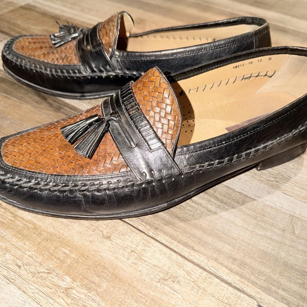 Florsheim Woven Leather Tassel Loafers Mens 12 D Black Brown Dress Shoes Moc Toe